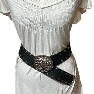 Calvin Klein Studded Genuine Leather Belt Size L | Silver Medallion Buckle